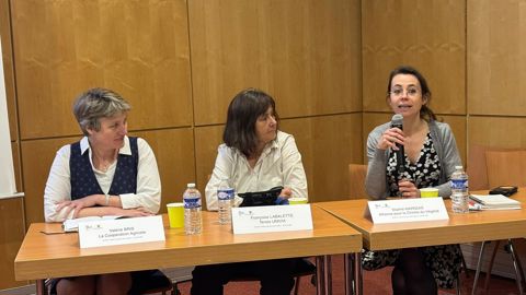Valérie Bris, directrice de La Coopération agricole Nutrition animale, Françoise Labalette, directrice adjointe de Terres Univia, et Sophie Marquis, déléguée générale de l'Association Chimie du végétal, ont insisté sur les interconnections dans la filière qu'il faut soutenir, lors de la table ronde organisée par FranceAgriMer au Salon de l'agriculture, le 26 février.