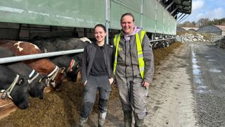 Annaëlle Poulain (à droite) et Camile Mugnier (à gauche) devant les vaches de l’exploitation irlandaise où elles sont restées un mois en stage.