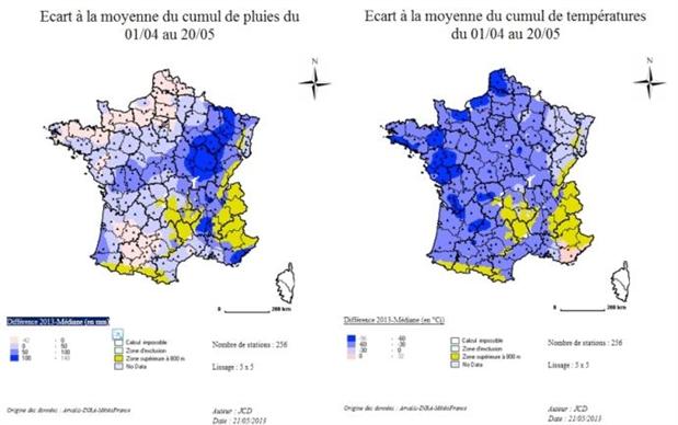 Cartes 1 - 2 : Ecart 2013 à la moyenne pluriannuelle pour le cumul de pluies (en mm)(gauche), et le cumul de températures (en °Cj)(droite) sur la période 01/04-20/05