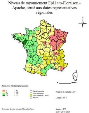 Carte 3 : Rapport (%) à la moyenne pluriannuelle du rayonnement cumulé épi 1 cm-floraison en 2013