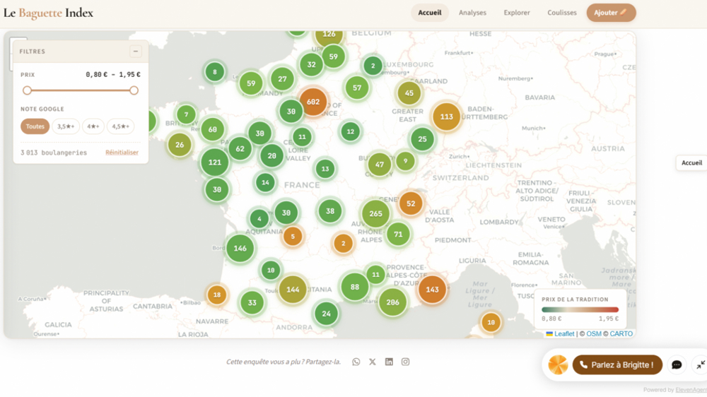 La carte de France interactive des tarifs des Traditions présentée sur lebaguetteindex.fr.