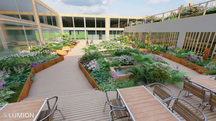 Au troisième étage, la terrasse jouxtant le nouveau restaurant de l’entreprise sera largement végétalisée. Elle recevra aussi les rendez-vous clientèle. Réalisation sur Lumion, logiciel de visualisation 3D temps réel et rendu photo réaliste.