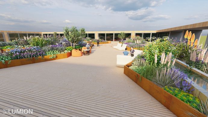 La terrasse supérieure, au quatrième étage, sera dédiée à l’usage des 500 collaborateurs qui ne disposent pour l’instant que de tables sur une pelouse. Réalisation sur le logiciel Lumion 3D.