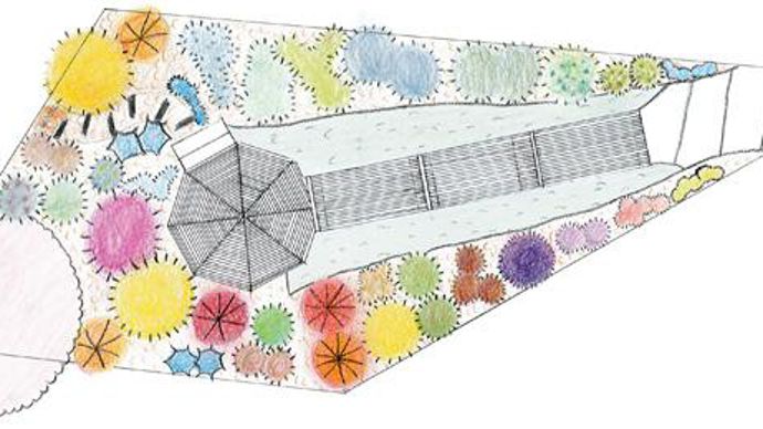 06. 3è prix du jury professionnel : Retrouvailles en couleurs. Conçu par Luis Bey, Selva Chaleil, Yoann Fasy, Dylan Guehl, Valentin Lhermet, avec pour tuteur Serge Sage-Vallier, responsable espaces verts à Tain L'Hermitage. Ce jardin est basé sur l'opposition de couleurs chaudes et froides séparées par une structure en bois. Le ponton est entouré en ondulations par des minéraux représentant l'eau et la sérénité du lieu .../...