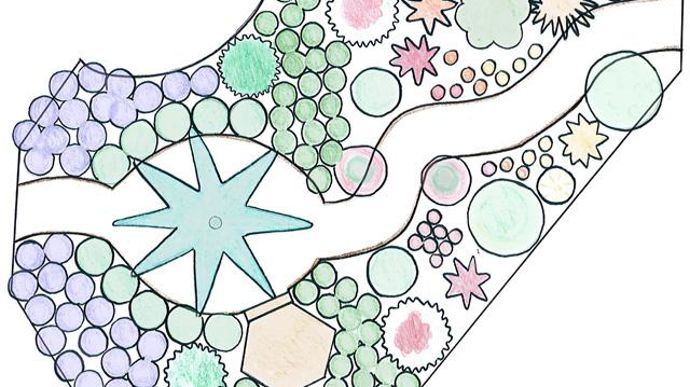 08. Le sentier des émotions. Conçu par Lucien Cartier, Cyril Cremillieux, Jean-Bruno Le Goff, Sarah Mellier, avec pour tuteur Marie Beaufils, Sté Beaufils Jardins à Crepol. Un tapi de fleurs violettes de romarin interpelle. Des cistes forment une haie qui laisse entrevoir le jardin et un rond-point. Une zone verte de loniceras rampants, avec en son centre un arbre de Judée, contraste par sa floraison rose avec notre sol blanc cassé .../...