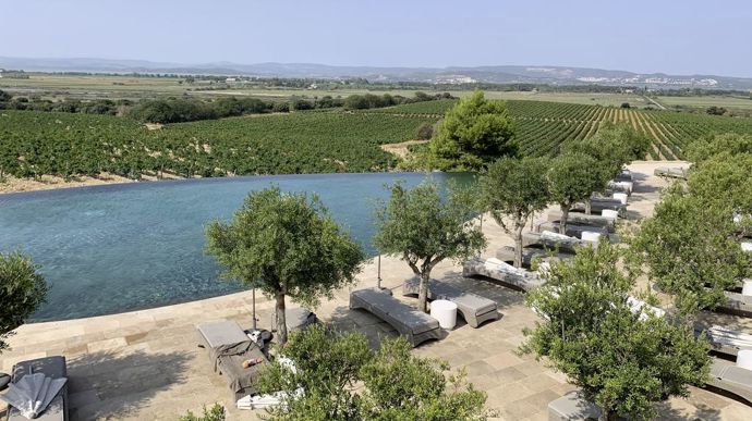 De la terrasse de Château Capitoul, on peut apercevoir un paysage varié, de la Méditerranée aux collines qui annoncent les montagnes de l’arrière-pays.