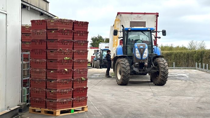 Des agriculteurs livrent directement en tracteur l’usine de Florette de Saint-Pol-de Léon (Finistère), située à proximité immédiate des champs.