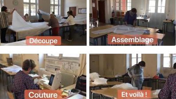 Dans les coulisses de l’atelier de confections de surblouses avec du voile d’hivernage offert par des entreprises et exploitations agricoles, 150 couturières bénévoles ont pu confectionner les surblouses de protection. L’objectif : 800 surblouses /jour. ©Entreprises solidaires de St-Cyr-en-Val