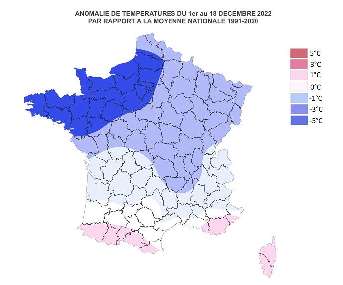 anomalies de temperatures 1ere quinzaine de decembre 2022