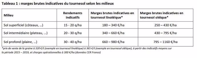 Marges brutes indicatives du tournesol selon les milieux